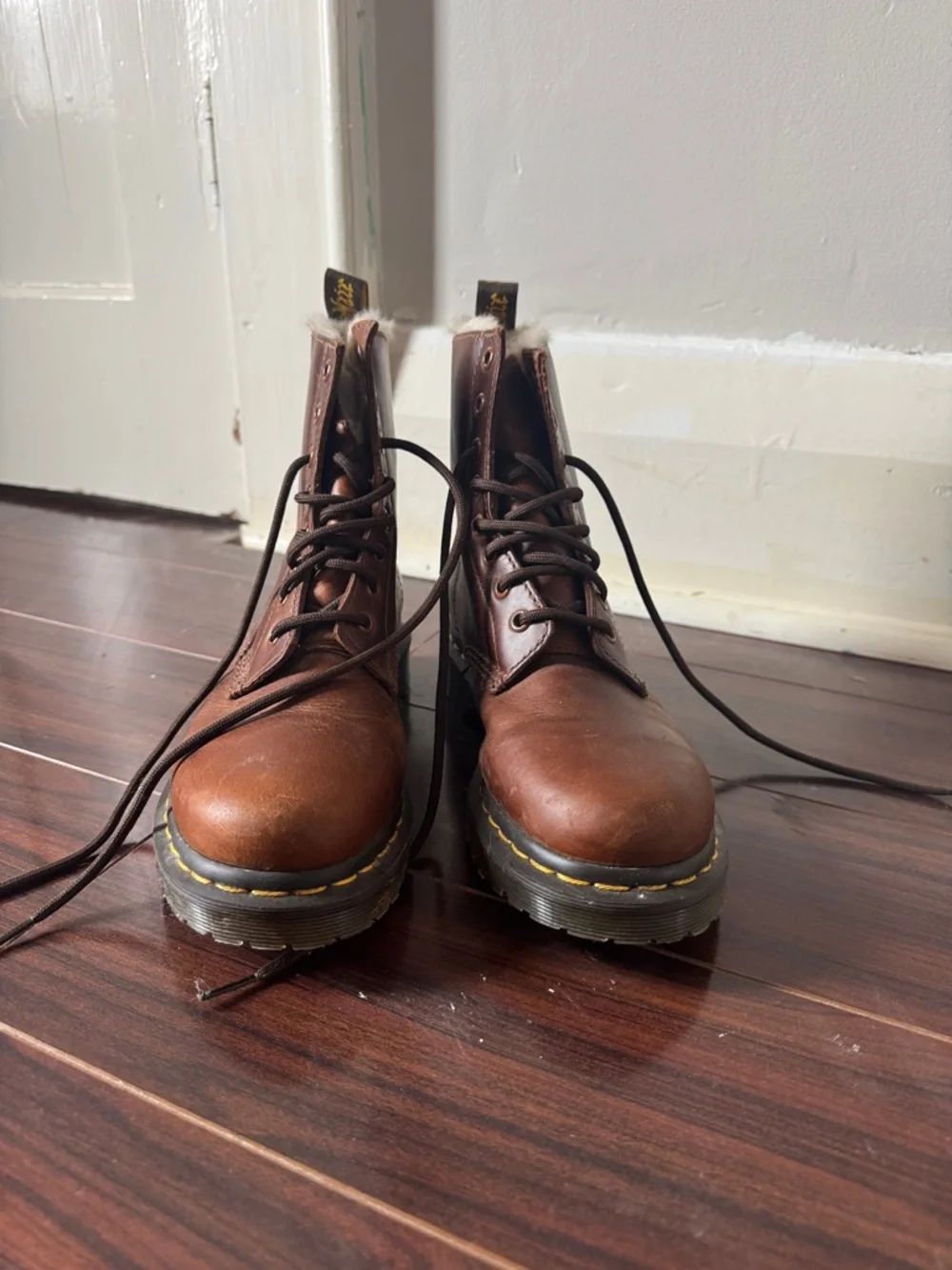 Dr. Martens Brown Leather 8-Eye Lace-Up Combat Boots with Yellow Stitching - Picture 2 of 5